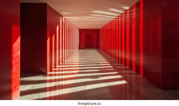 Red Corridor with Sunlight Streaks