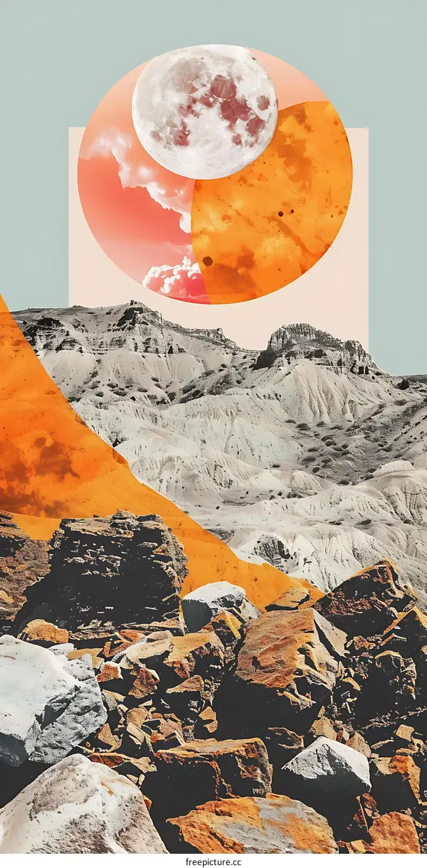 Collage Art with Moon and Mountains