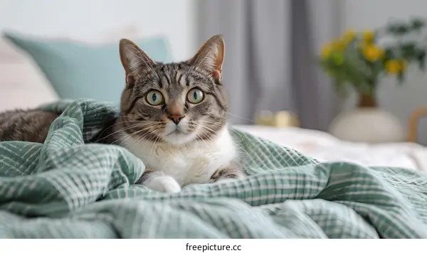 A cute and cuddly cat lying on a cozy bed