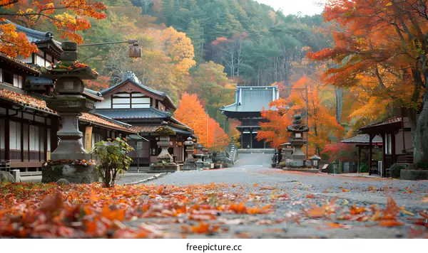 Autumn Leaves Fall on a Stone Pathway Leading to a Japanese Temple