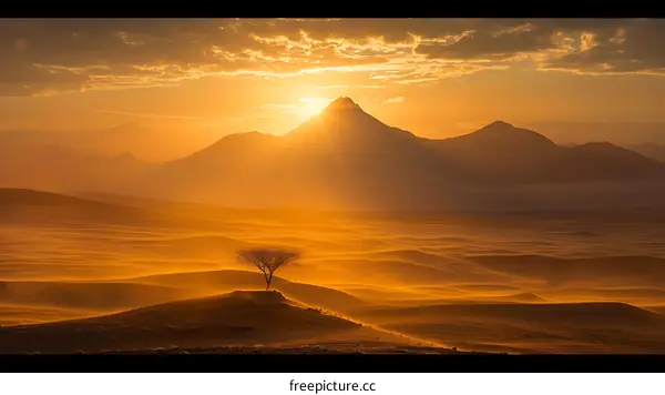 Golden Hour Desert Landscape with Lone Tree