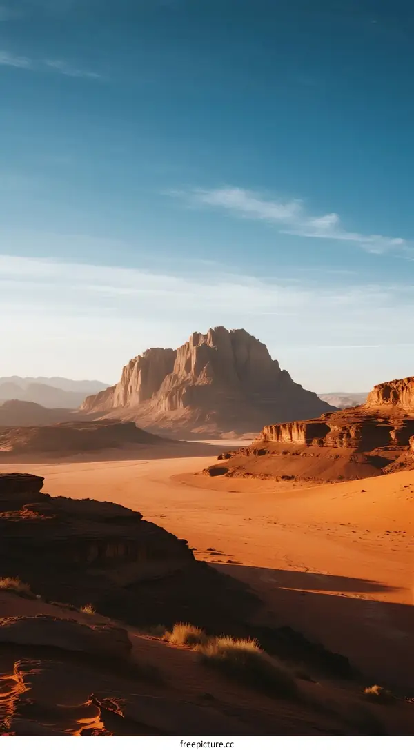 Vast Desert Landscape with Distant Rock Formation Under Clear Sky