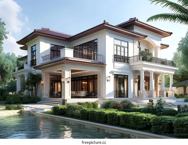 Luxury Mansion Exterior with Garden and Pool
