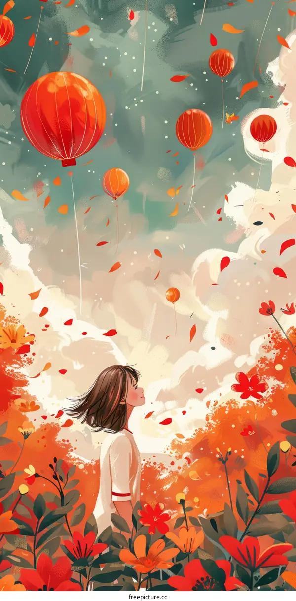 girl looking up at the sky with red balloons and falling leaves