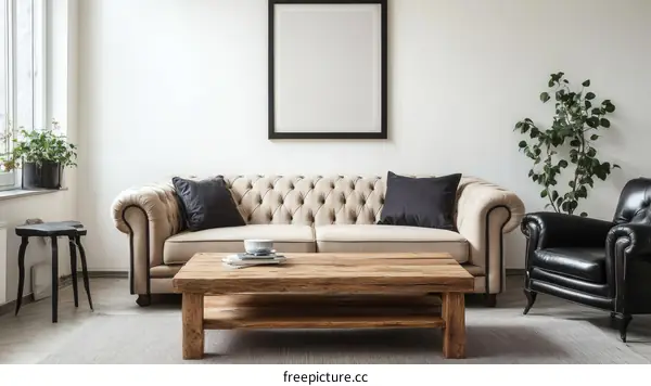 Modern Living Room Interior Design with Beige Sofa and Wooden Coffee Table