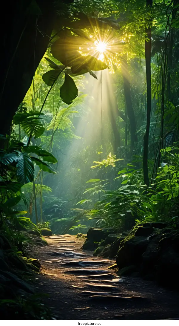 The sun shines through the dense forest