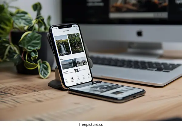 Smartphone on Stand with Laptop in the Background