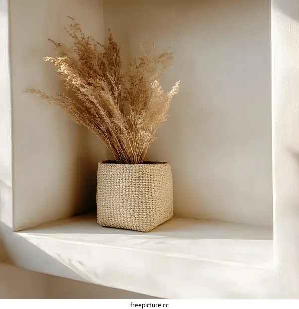 Dried Grass in a Wicker Basket on a White Shelf
