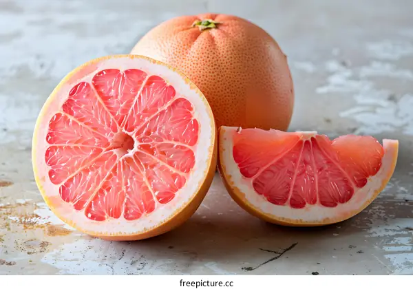 Fresh Pink Grapefruit Slices on White Background