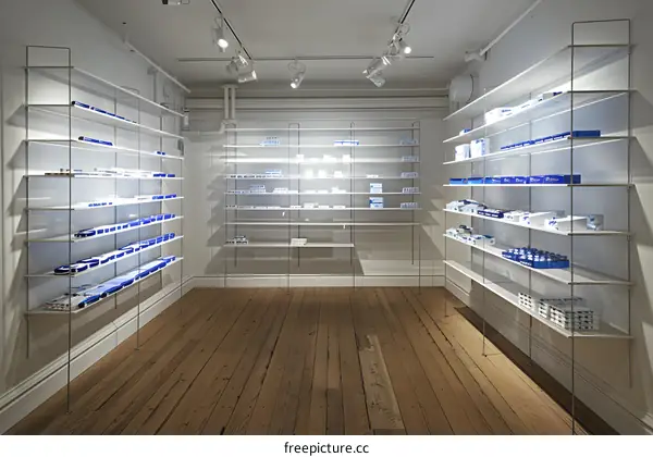 White and Blue Product Display Shelves in Empty Room
