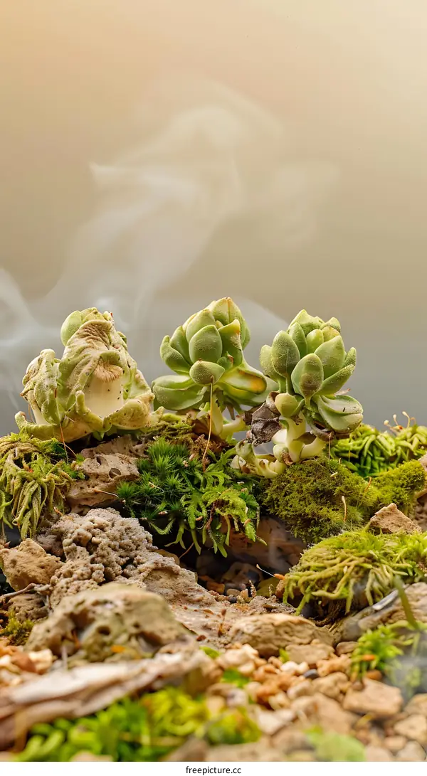 Green Succulents with Moss and Stones in a Natural Setting
