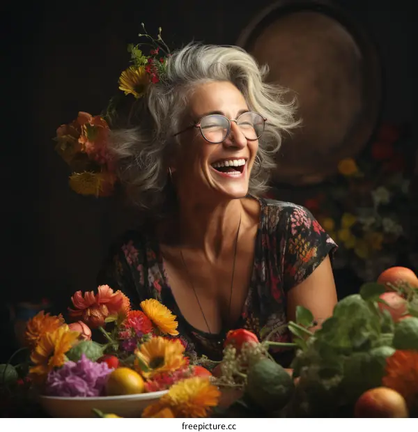 Portrait of a cheerful elderly woman with flowers in her hair
