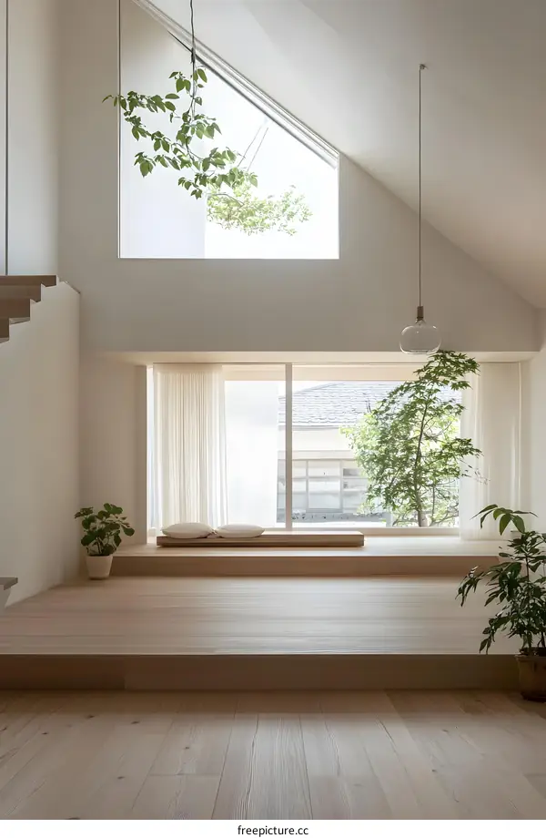 Minimalist Japanese Style Living Room with White Walls and Wood Floor