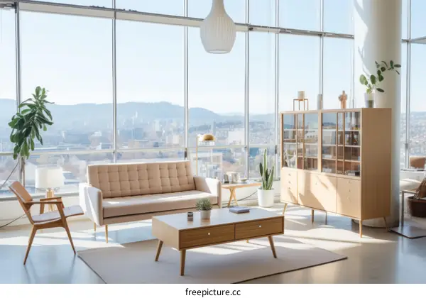 Mid-century Modern Living Room with Ample Lighting and Urban Views
