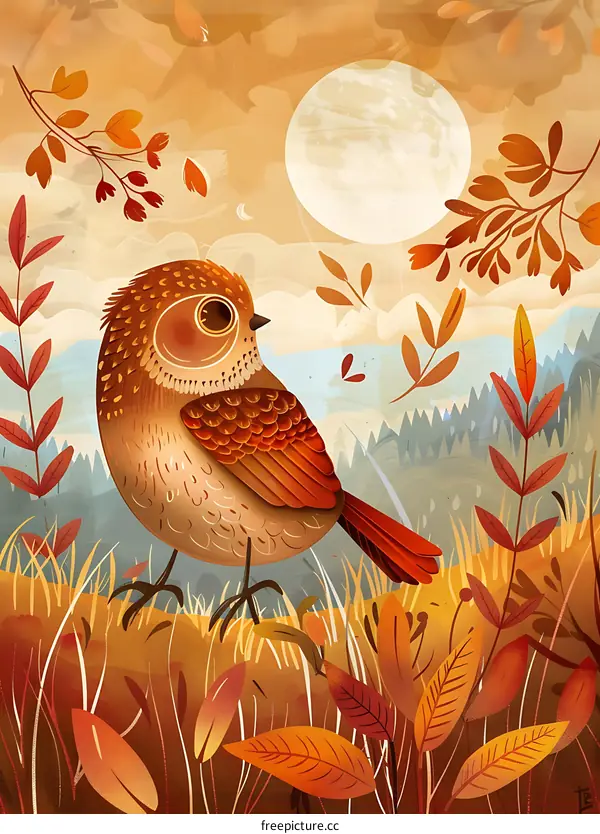 Autumn Bird Illustration with Moon and Leaves