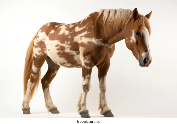 A brown and white horse standing on a white background