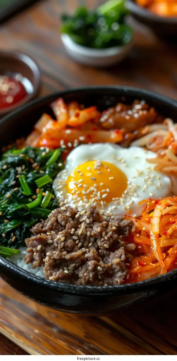 Delicious Korean Bibimbap with Beef, Egg and Vegetables