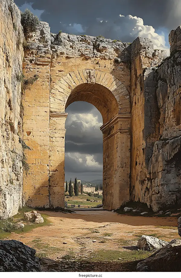 Stone Archway Leading to Ancient City View