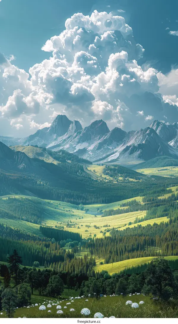 Majestic Mountain Vista with Lush Hills and Azure Sky