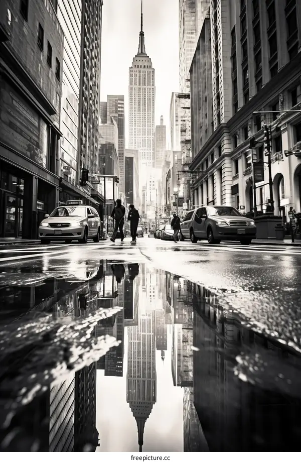 Black and white photo of people crossing a wet city street with the Empire State Building in the background