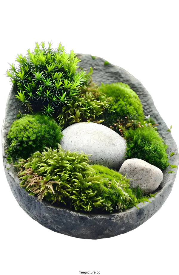 [Transparent Background PNG]Green Moss and Stones in a Bowl