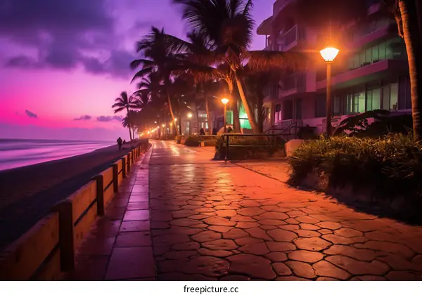 Palm trees at sunset on a beach with a purple sky