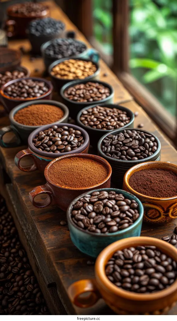 Assortment of Coffee Beans and Ground Coffee in Ceramic Cups