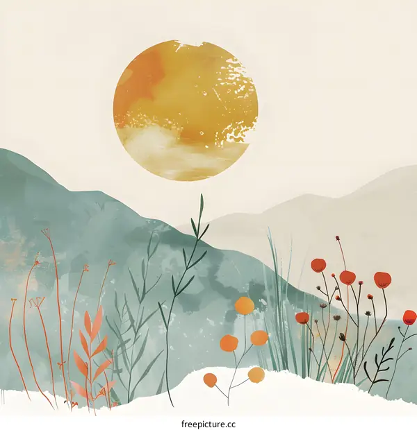 Watercolor Painting of Mountains, Sun and Flowers