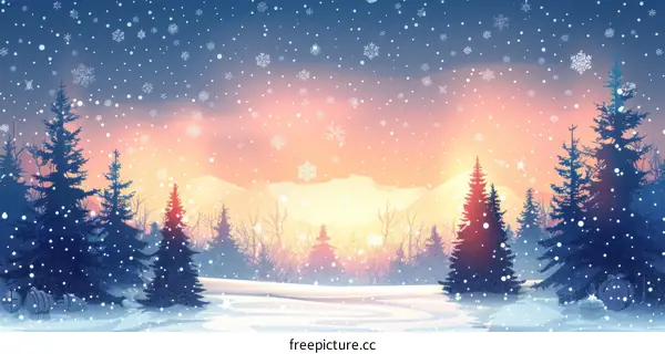 Winter Forest Landscape with Snow Falling and Sunset
