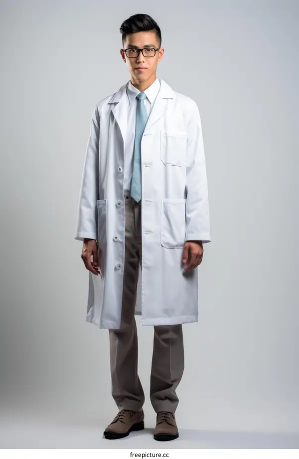 Portrait of a young Asian male doctor in a white lab coat