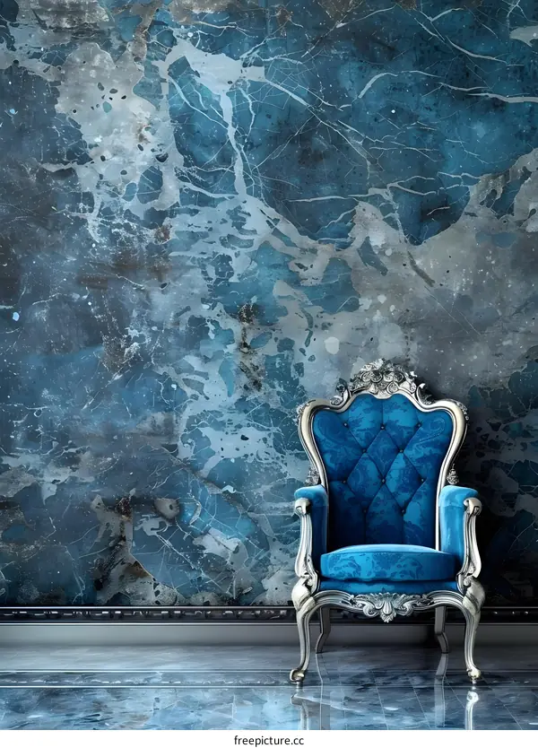 Blue Velvet Chair Against Blue Marble Wall