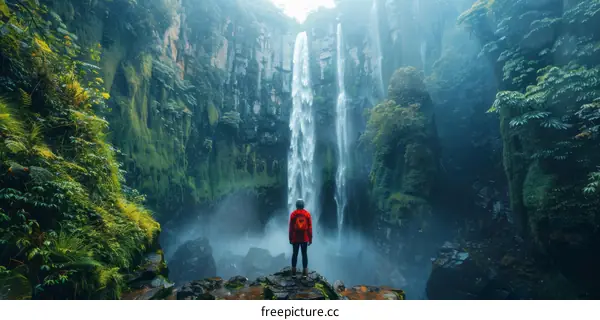 A person standing on a rock in front of a waterfall in the jungle