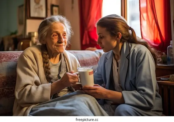 Two women, one young and one old, sitting on a couch and holding hands
