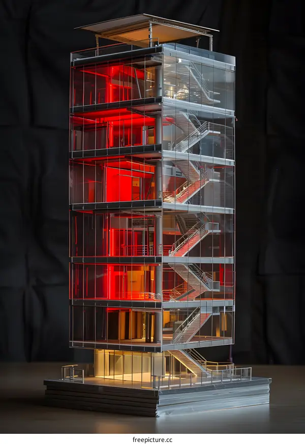 Glass Building Model with Red Lighting