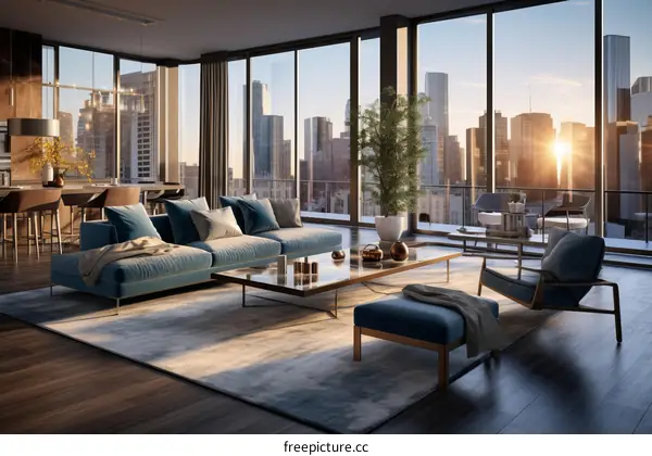 Modern apartment living room with city view