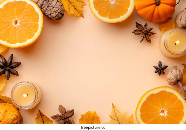 Autumn Background With Orange Slices And Leaves
