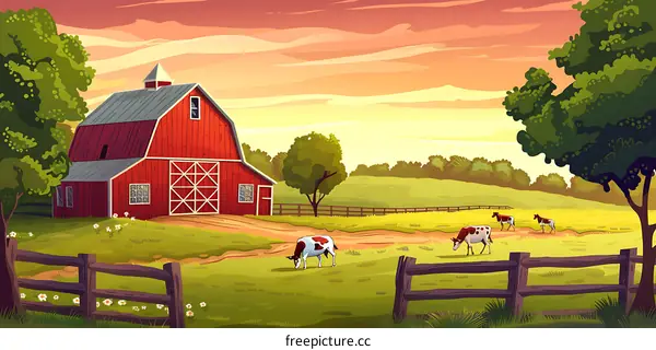 Farm Landscape With Cows and Red Barn