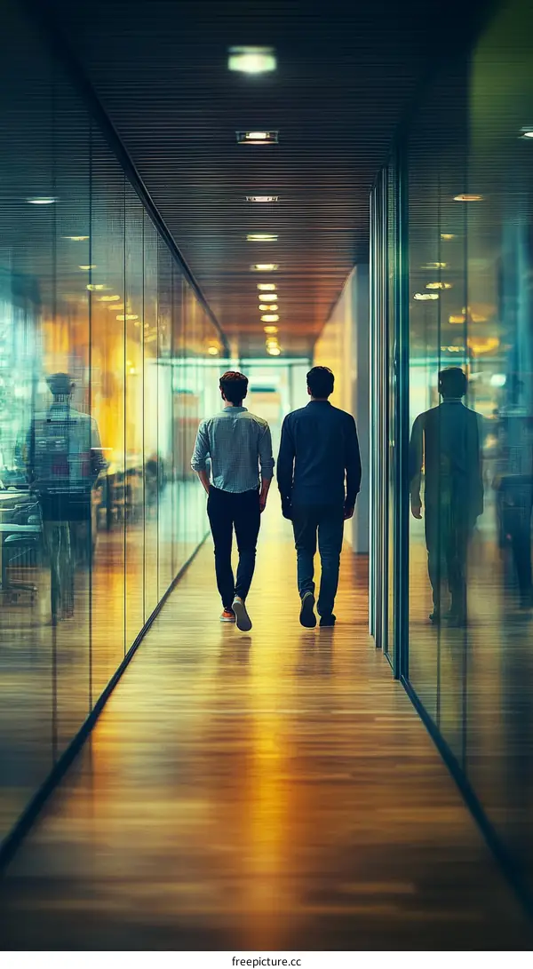 Two Businessmen Walking Down a Modern Office Corridor