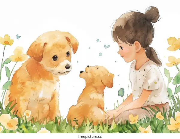 Little girl playing with two puppies in a field of flowers