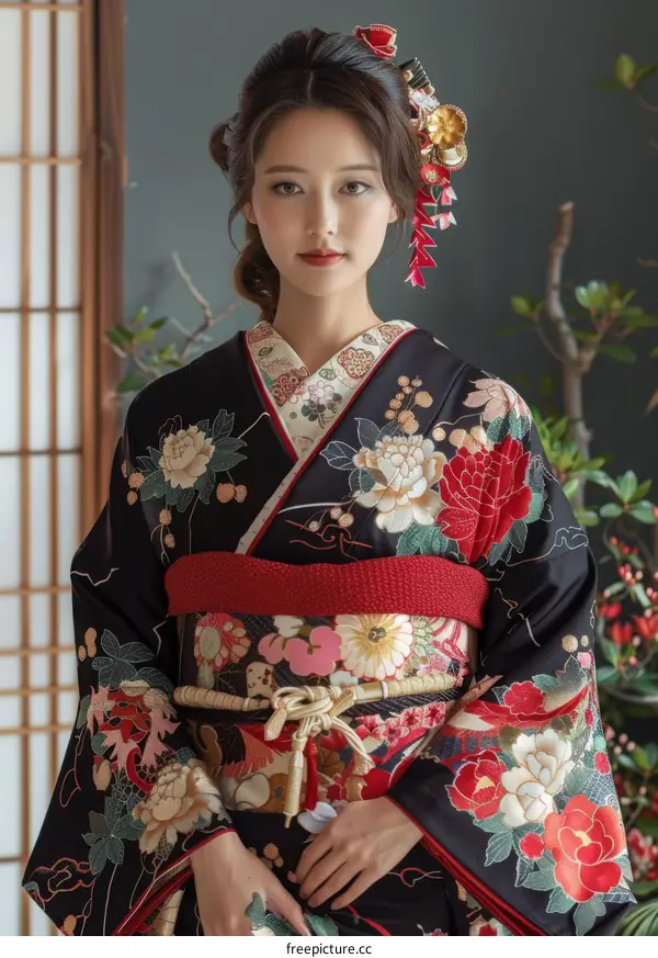 Beautiful Woman Wearing Traditional Japanese Kimono with Floral Pattern