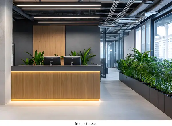 Modern Office Interior Design with Wooden Reception Desk and Plants
