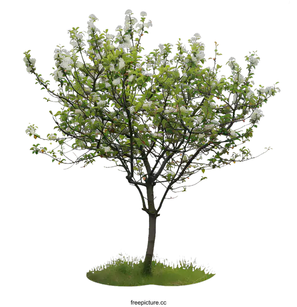 [Transparent Background PNG]Small Blooming Tree with Green Grass Isolated on White Background