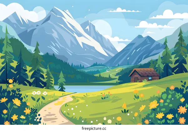Beautiful Mountain Landscape with Cabin and Path