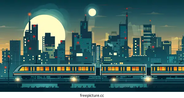 Night Train Traveling Through Cityscape