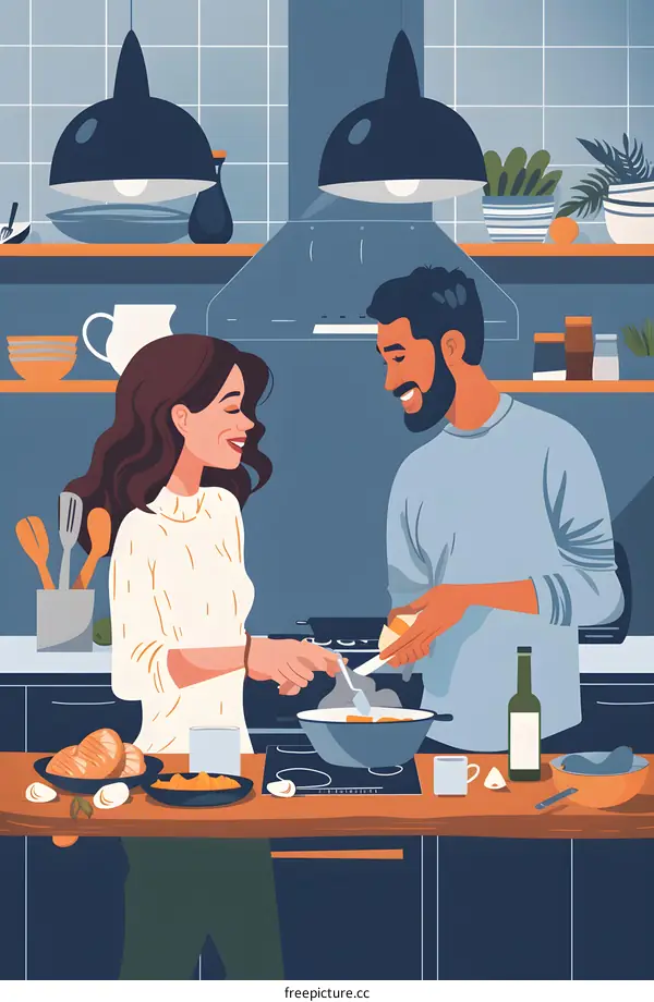 Couple Cooking Together in Kitchen Illustration
