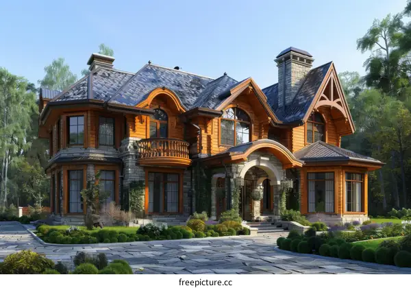 A large wooden house with a stone foundation and a gray roof.