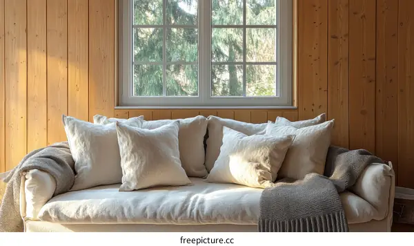 Cozy Linen Sofa with Wooden Wall and Sunlight