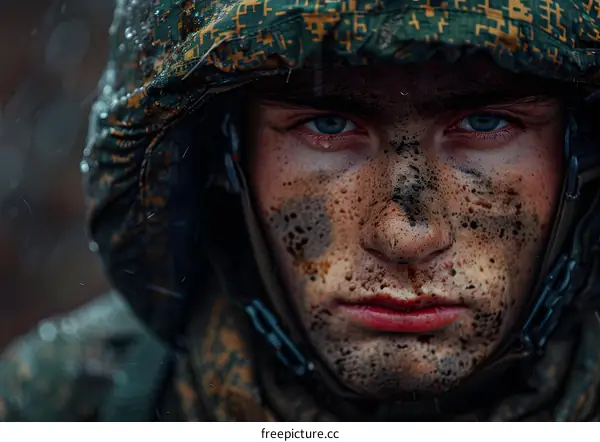 Closeup Portrait of a Soldier Covered in Mud