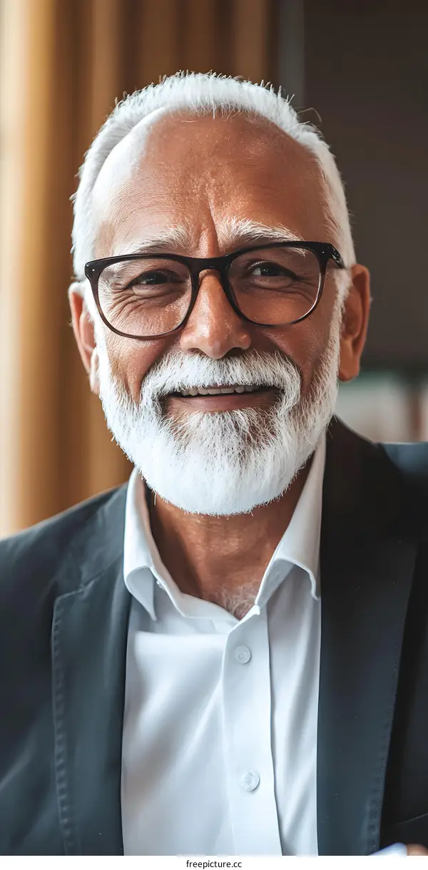 Portrait of a Smiling Senior Man with White Hair and Beard Wearing Glasses