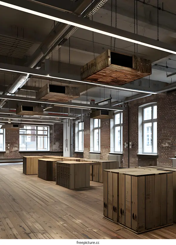 Industrial Style Interior Design with Wooden Crates and Exposed Brick Walls
